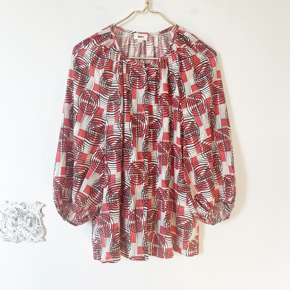 Whit Geo Print Balloon Sleeve Button Front Silk Blouse L - Picture 8 of 8